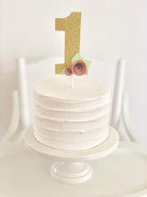 Load image into Gallery viewer, Gold "1" First Birthday Cake Topper with Blush Pink Rosettes