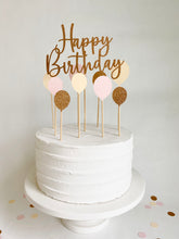 Load image into Gallery viewer, Rose Gold Glitter Script Happy Birthday Balloon Cake Topper Set