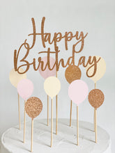 Load image into Gallery viewer, Rose Gold Glitter Script Happy Birthday Balloon Cake Topper Set
