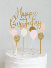 Load image into Gallery viewer, gold glitter happy birthday cake topper with balloons in blush pink