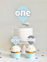 Load image into Gallery viewer, "One" Balloon Cake Topper - light blue and gray