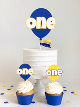 Load image into Gallery viewer, "One" Balloon Cake Topper - blue and yellow