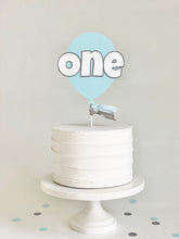 Load image into Gallery viewer, "One" Balloon Cake Topper - light blue and gray