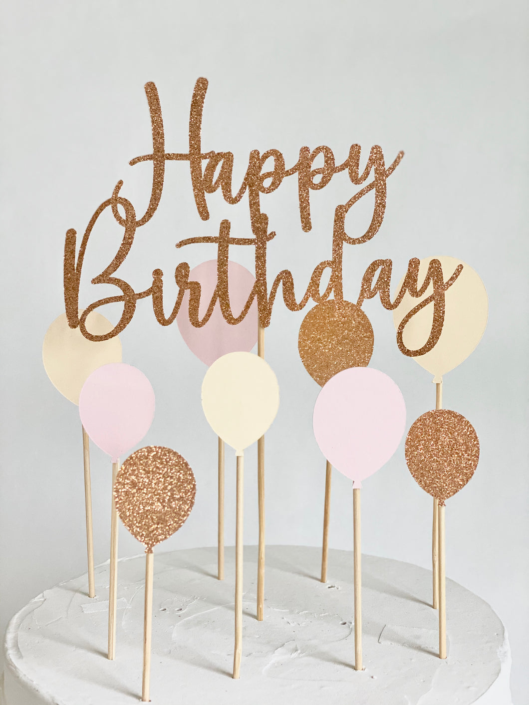 Rose Gold Glitter Script Happy Birthday Balloon Cake Topper Set