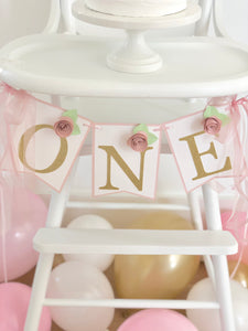 "One" High Chair Banner with Blush Pink Flowers